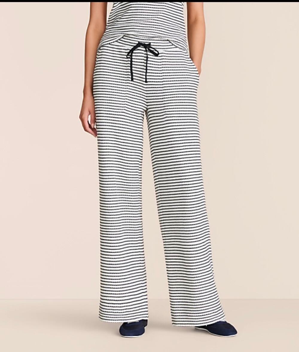 Lou & Grey Striped Wide Leg Knit Lounge Pants Cream Black Drawstring Women's SP